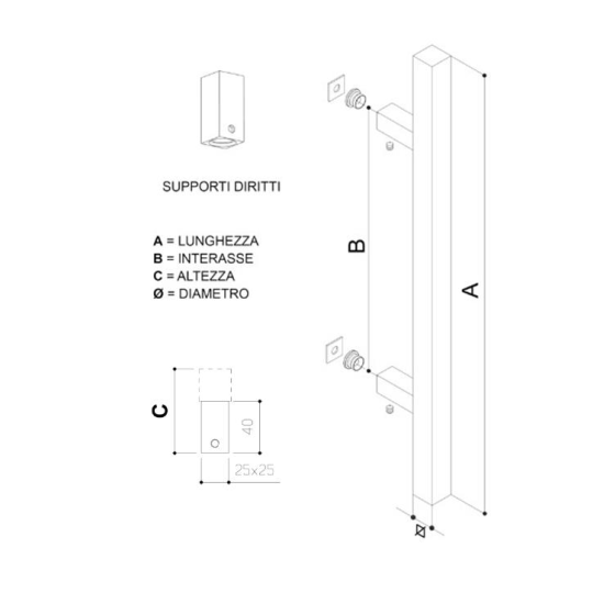 MANIGLIONE PER INGRESSI LUNGHEZZA 50 CM. FORMA QUADRA ACCIAIO INOX