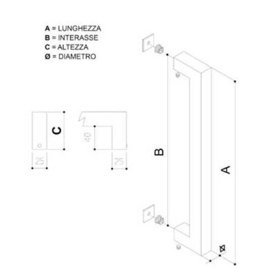MANIGLIONE PER INGRESSI LUNGHEZZA 62,5 CM. FORMA QUADRATA ACCIAIO INOX