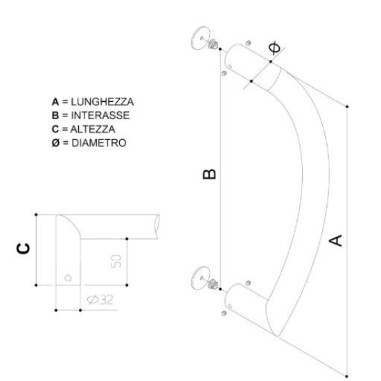 MANIGLIONE PER INGRESSI LUNGHEZZA 38 CM. FORMA AD ARCO ACCIAIO INOX