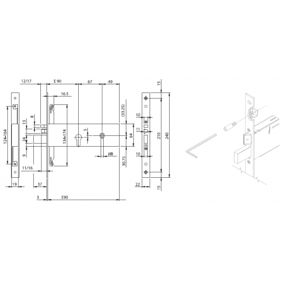 SERRATURA ELETTRICA DA INFILARE TRIPLICE ENTRATA 90 A CILINDRO SAGOMATO 963920902 ISEO